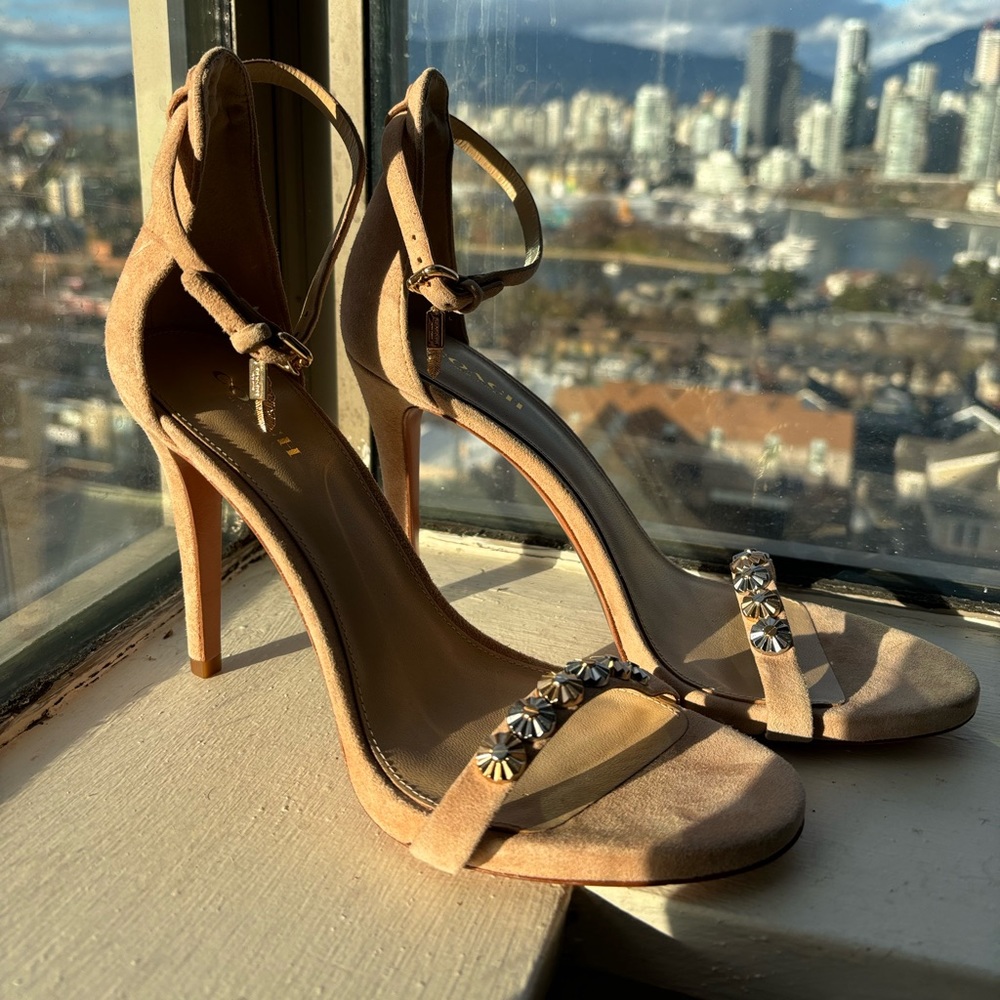 Coach Jacklyn Daisy Rivet Nude Suede Ankle Strapped Heels